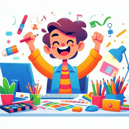 Vector illustration of a happy schoolboy sitting at the table and raising his handsのイラスト素材