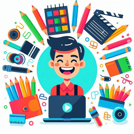 Smiling man with laptop and school supplies. Vector illustration in flat styleのイラスト素材
