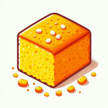 Illustration of a yellow sponge cake on a white background with bubbles