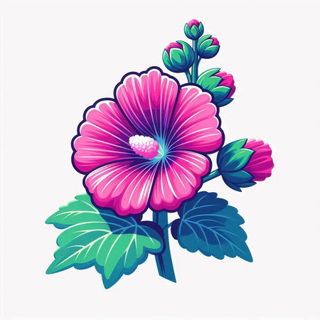Pink hibiscus flower on white background. Vector illustration.
