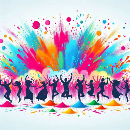 Colorful Happy Holi background with dancing people, vector illustration.のイラスト素材