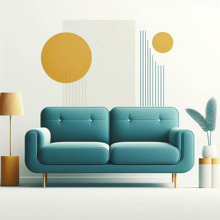 Interior of modern living room with blue sofa 3D Illustration