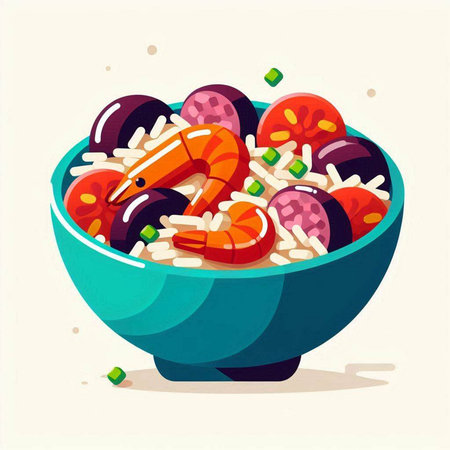 Illustration of a bowl with prawns, rice and vegetablesのイラスト素材