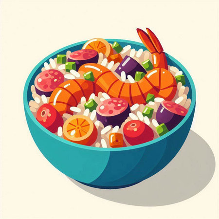 Vector illustration of a bowl of shrimp, rice, vegetables and seafood.のイラスト素材