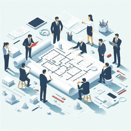 Architects working on construction plans. Engineer, architect, engineer, architect, engineer, architect, business people working on architectural project. Vector illustrationのイラスト素材