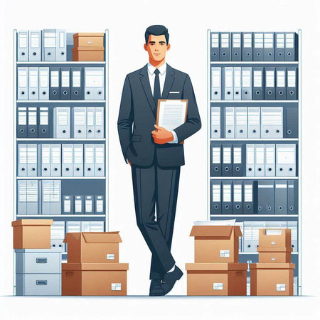 Businessman with folders and documents. Vector illustration in cartoon style.のイラスト素材