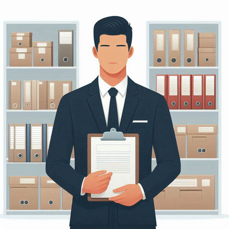 Businessman holding clipboard in office. Vector illustration in cartoon style.のイラスト素材