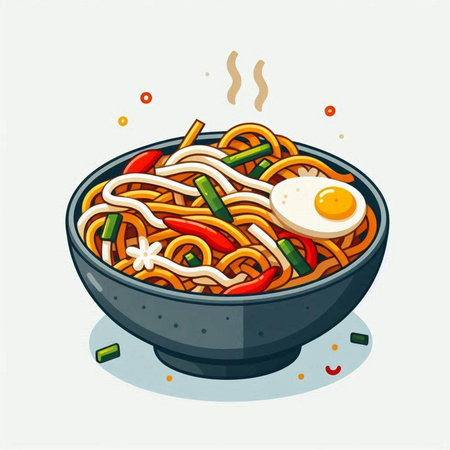 Illustration of a bowl of noodle with fried egg and vegetablesのイラスト素材