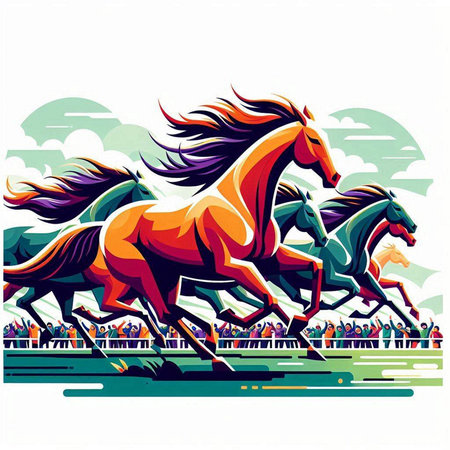 Horse race vector illustration, equestrian sport competition with horses and riders