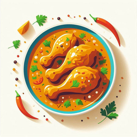Chicken drumsticks in curry sauce. Traditional indian cuisine. Vector illustrationのイラスト素材