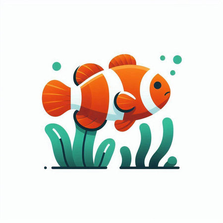 Clown fish, sea anemone. Vector flat illustration.