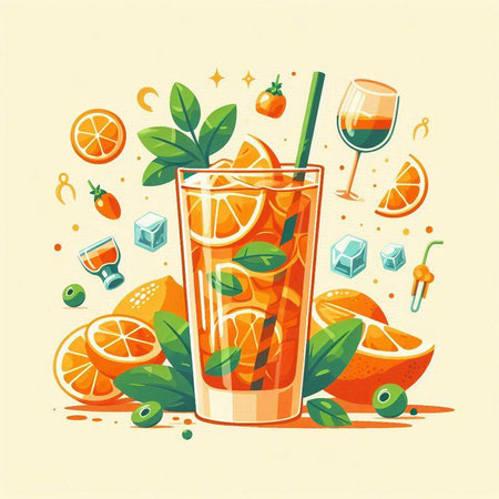 Cocktail with orange, grapefruit and ice. Vector illustration.のイラスト素材
