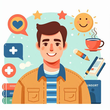 Smiling man with coffee cup and book. Vector illustration in flat style