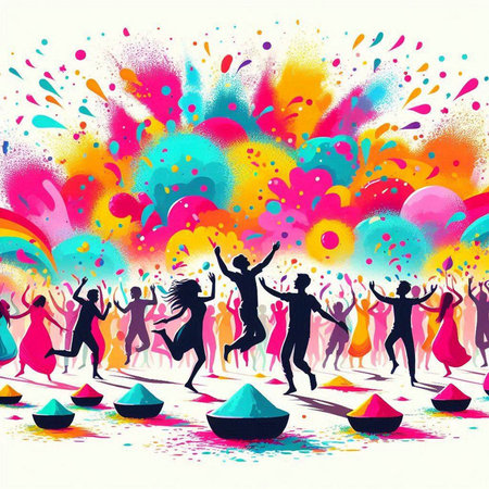 Colorful holi festival background with silhouettes of people jumping and dancing