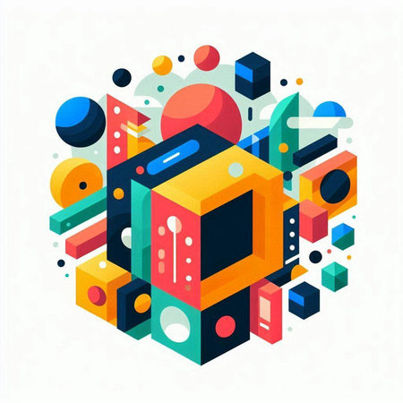 Abstract colorful geometric composition with cubes, lines and figures. Vector illustration.