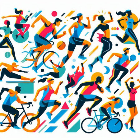 Set of vector illustrations of people running, cycling, jumping, cycling, running.