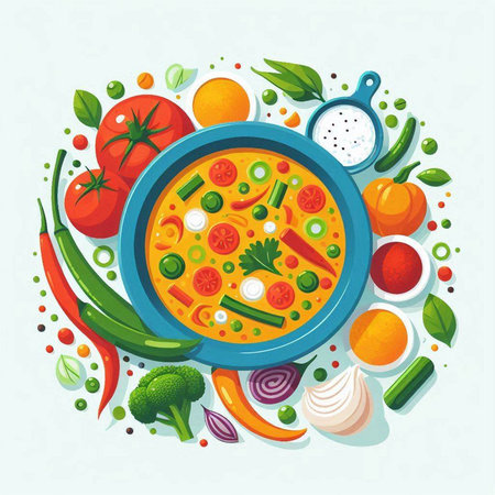 Vegetable soup in a blue plate with vegetables and spices. Vector illustration.のイラスト素材
