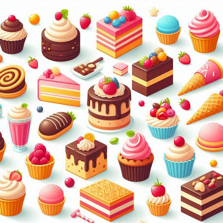 Seamless pattern with different cakes and cupcakes. Vector illustration