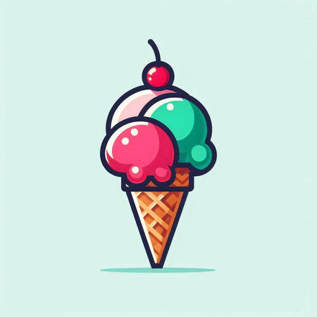 Ice cream cone with cherry and chocolate, flat vector illustration isolated on blue background.のイラスト素材