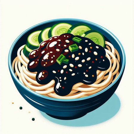 Illustration of a bowl of udon noodles with kimchi