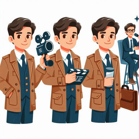 Vector illustration of a movie crew with movie camera and cameraman.
