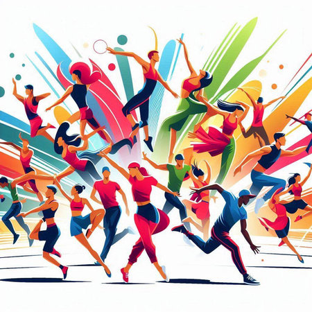 Vector illustration of group of dancing people. Sport, healthy lifestyle concept.