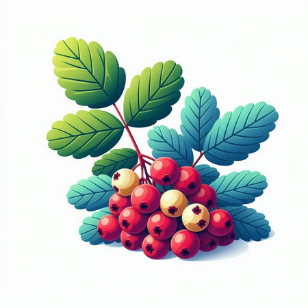 Red rowan berries with green leaves isolated on white background. Vector illustration.のイラスト素材