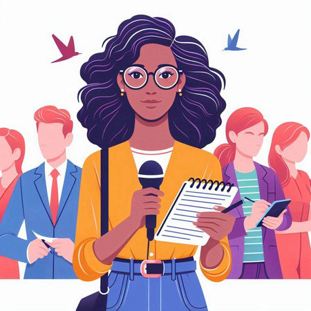 Female journalist with microphone and audience. Vector illustration in cartoon style.