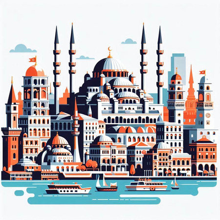 Panoramic view of Istanbul. Vector illustration in retro style.のイラスト素材