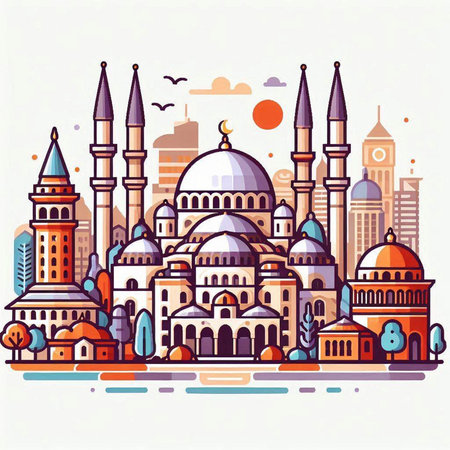 Colorful vector illustration of Istanbul, Turkey. Flat style design.のイラスト素材