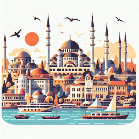 Cityscape of Istanbul, Turkey. Vector illustration in flat style.