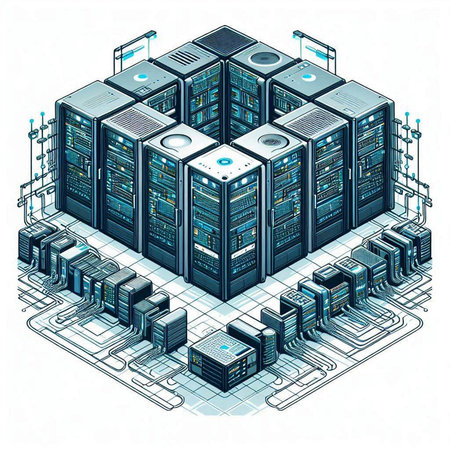 Data center isometric vector illustration. Server room with servers, hosting, mainframe, computer...