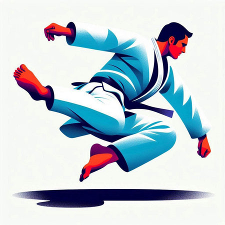 Martial arts. Karate fighter in jump. Vector illustration.