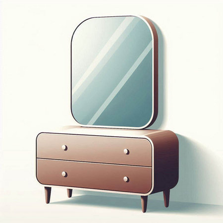 Illustration of a dressing table with mirror on a white wall background