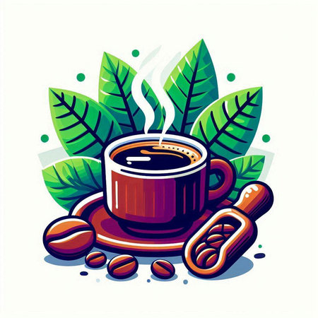 Coffee cup with beans, leaves and scoop. Vector illustrationのイラスト素材