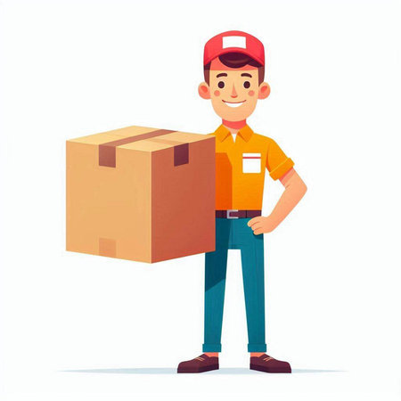 Delivery man with cardboard box. Vector illustration isolated on white background.のイラスト素材