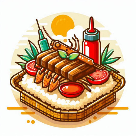 Illustration of grilled salmon with rice and ketchup on white backgroundのイラスト素材