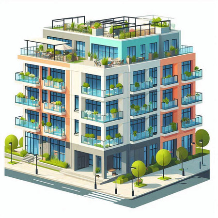 Modern multi-storey building on a white background. Vector illustration