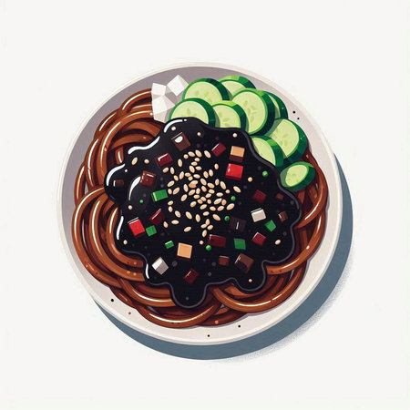 Illustration of a bowl of chinese noodle with cucumber