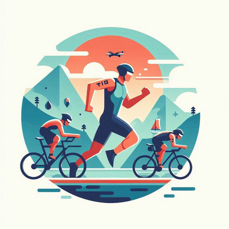 Vector illustration of a cyclist on a road in the mountains. Healthy lifestyle.