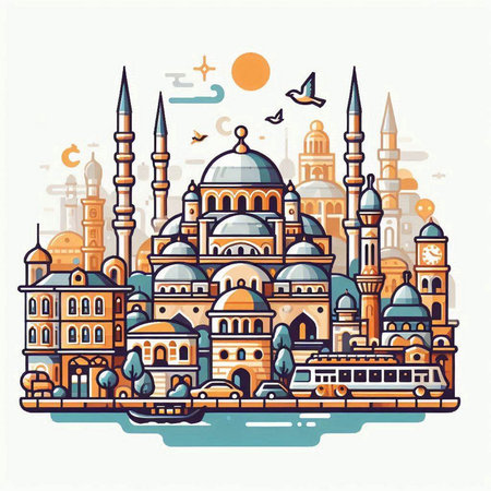Vector illustration of Istanbul, Turkey. Colorful islamic buildings.のイラスト素材