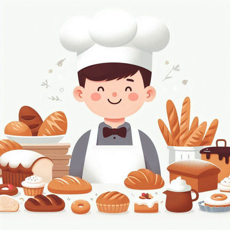 Cute cartoon chef with bread and bakery products on white background.