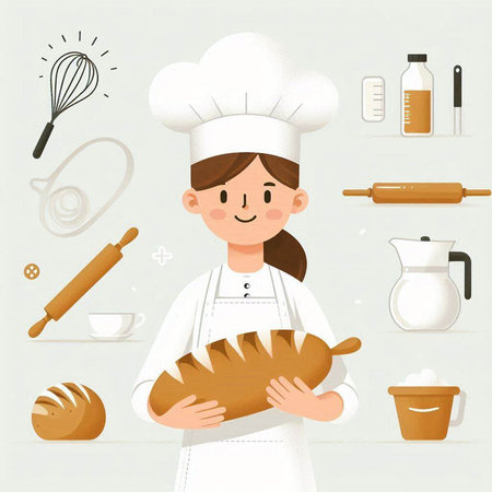 Cute cartoon chef with bread and ingredients for cooking. Vector illustration.