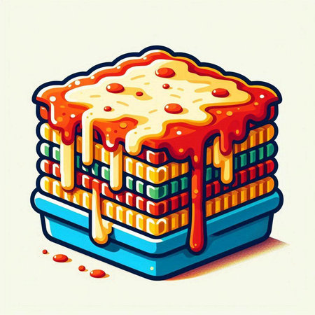 Illustration of a stack of lasagna on a white background.