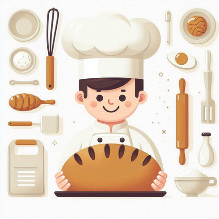 Chef with bread and kitchen utensils. Vector illustration.