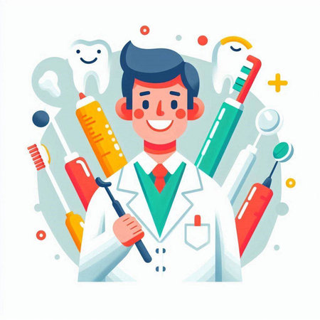 Dentist with stomatology tools. Vector illustration.のイラスト素材