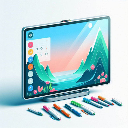 Tablet PC with drawing graphics on the screen and markers on the table