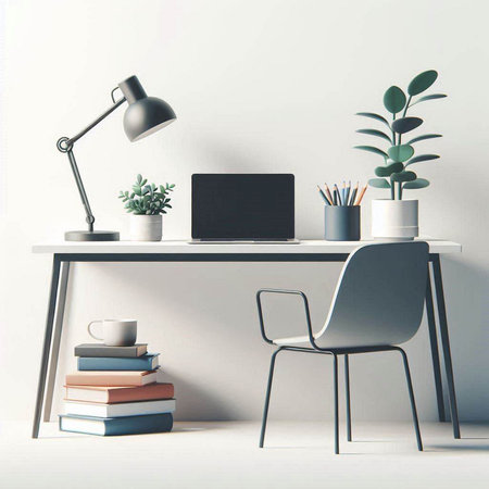 Interior of modern workplace with computer, books and plants. Workplace concept. 3D Rendering