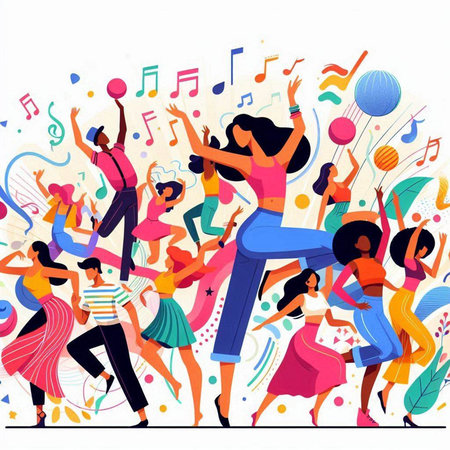 Dancing people flat vector illustration. Group of young people dancing at party, music festival.