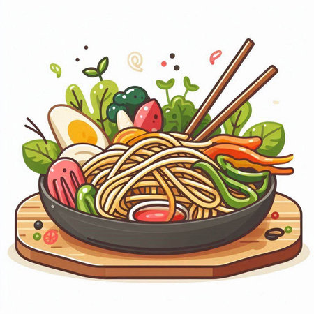 Illustration of noodle with chopsticks and vegetables on white backgroundのイラスト素材